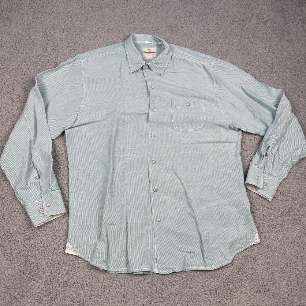 Tommy Bahama Shirt Mens Large‎ Green Striped Linen Lyocell Long Sleeve Casual